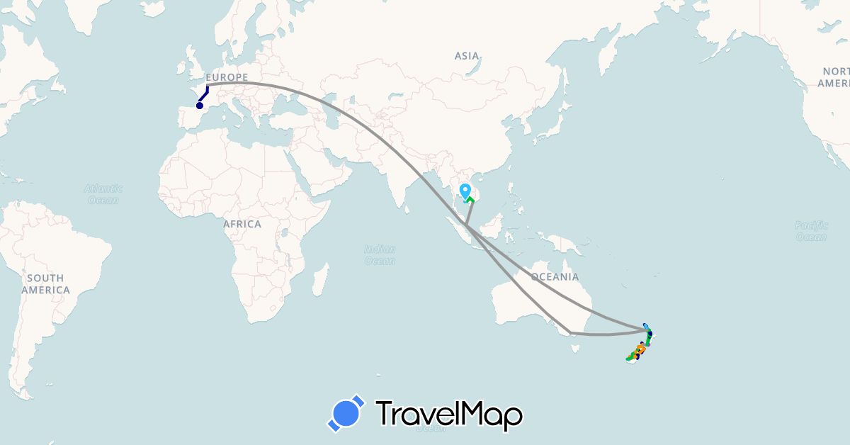 TravelMap itinerary: driving, bus, plane, cycling, train, hiking, boat, hitchhiking in Australia, France, Cambodia, Malaysia, New Zealand, Pakistan, Singapore, Vietnam (Asia, Europe, Oceania)